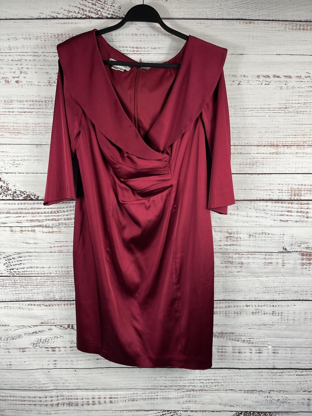 Kay Unger Dress Women's 16W Burgundy Ruched Sheath 3/4 Sleeve Cocktail Cowl Neck